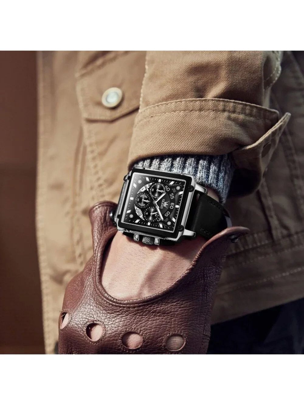 Men's Black Silver Leather Chronograph Watch Big Face Waterproof Luminous Watch